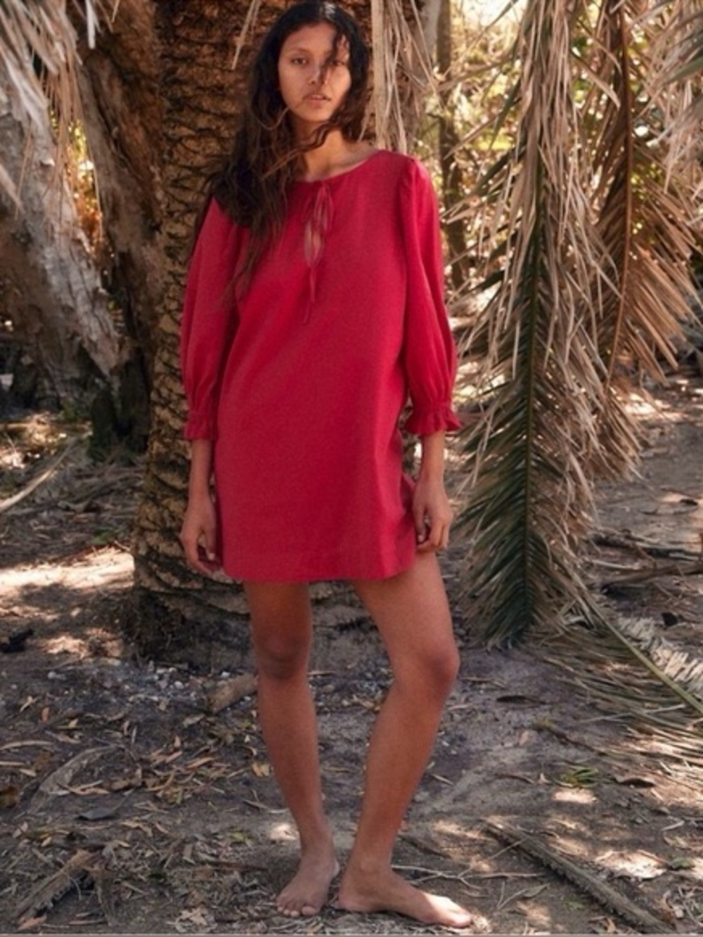Free People Mio Boho-Chic Peasant Red V-Neck Linen Blend Mini Shift Dress Sz S